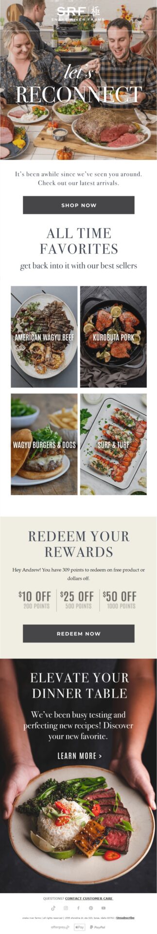 Snake River Farms winback email encouraging inactive customers to return with product recommendations and redeemable loyalty rewards