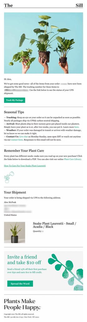 The Sill shipping confirmation email announcing that the order has shipped, with a Track My Package button, UPS tracking details, seasonal shipping tips, plant care guidance and downloadable care resources, shipment and product details, plus a referral offer for $10 off.