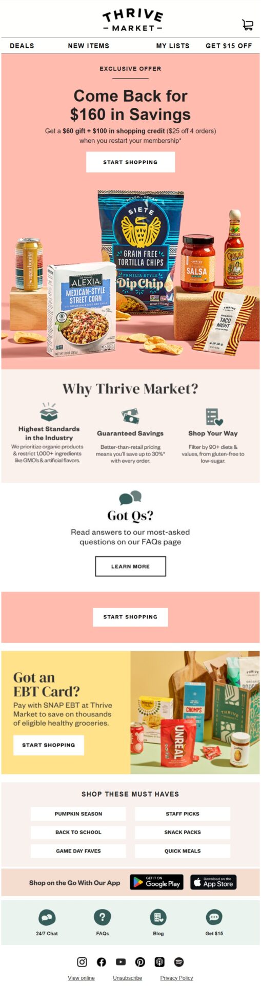 Thrive Market winback email offering a $60 gift and $100 in shopping credit to encourage former members to return and restart their membership