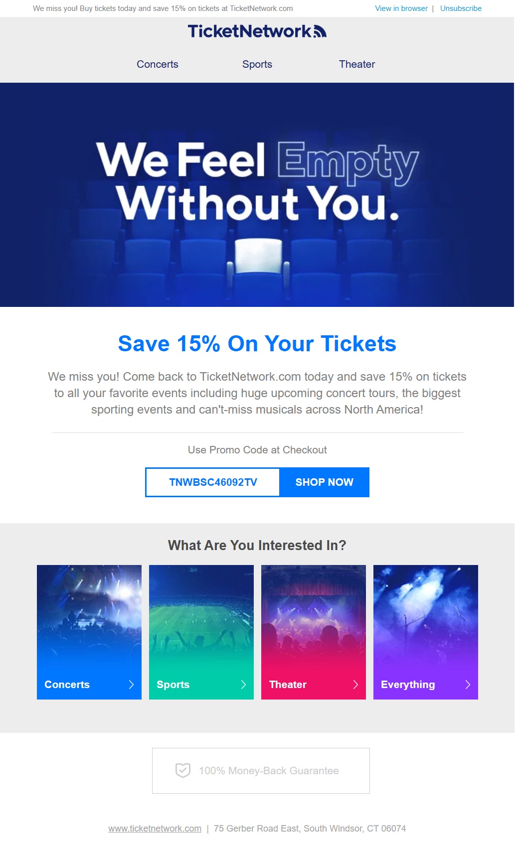 TicketNetwork winback email offering 15% off tickets with a “We miss you” message to encourage customers to return