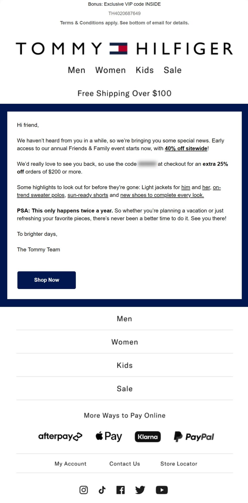 Tommy Hilfiger winback email offering 40% off plus an extra 25% discount to encourage inactive customers to return