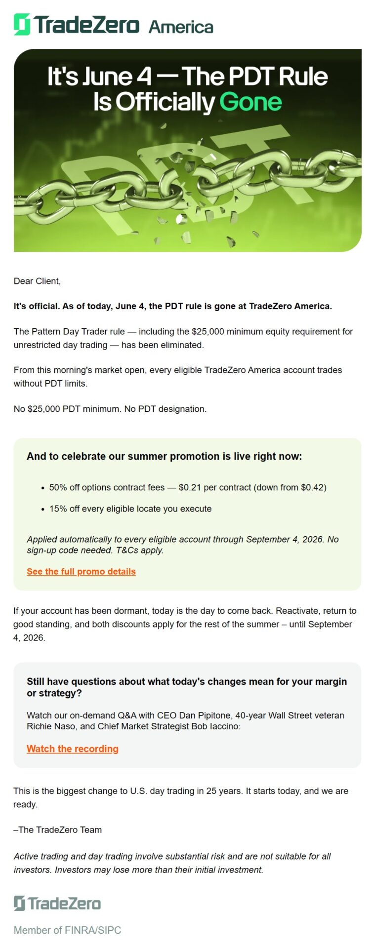 TradeZero B2B winback email encouraging dormant account holders to reactivate and return to trading after the PDT rule change, with promotional discounts on trading fees