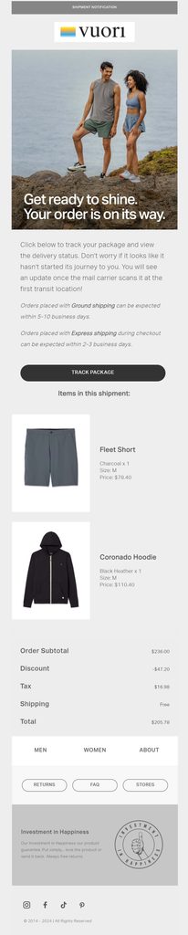 Vuori shipping confirmation email announcing that the order is on its way, with a Track Package button, estimated shipping timeframes, itemized product details with images, order totals, and customer support links.