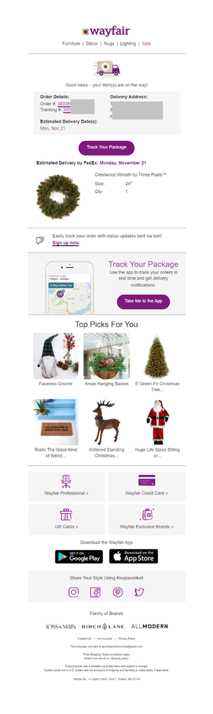 Wayfair shipping confirmation email announcing that the item is on the way, with order and tracking details, estimated delivery date, shipped product information, app-based tracking options, and a Top Picks For You section featuring personalized product recommendations.