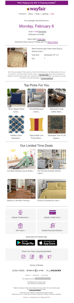 Wayfair delivery confirmation email announcing that the package has been delivered, with delivery date and FedEx carrier details, shipped product information, return and customer support links, guidance for locating a missing package, and additional personalized product recommendations and limited-time deals.