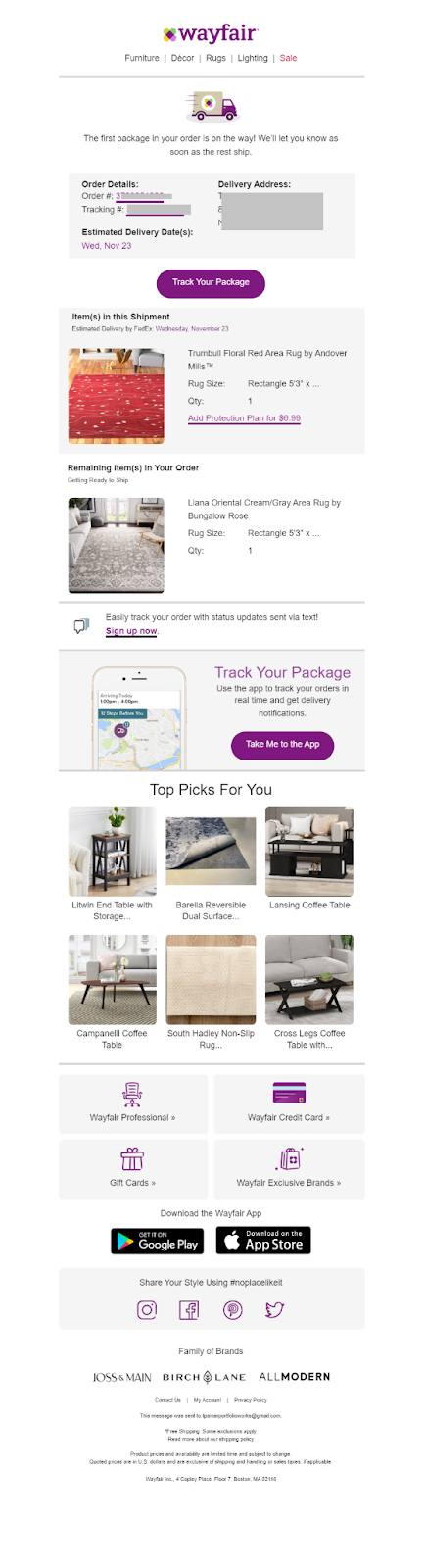 Wayfair partial shipment email notifying the customer that the first package from their order is on the way, with tracking and estimated delivery details, shipped item information, remaining items still to be sent, package tracking options, and personalized product recommendations.