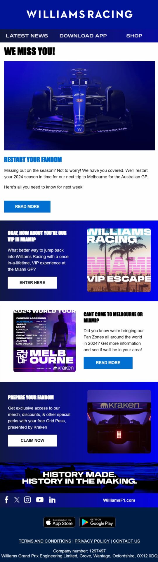 Williams Racing winback email with a “We Miss You” message encouraging inactive fans to reconnect with the latest team news and exclusive perks