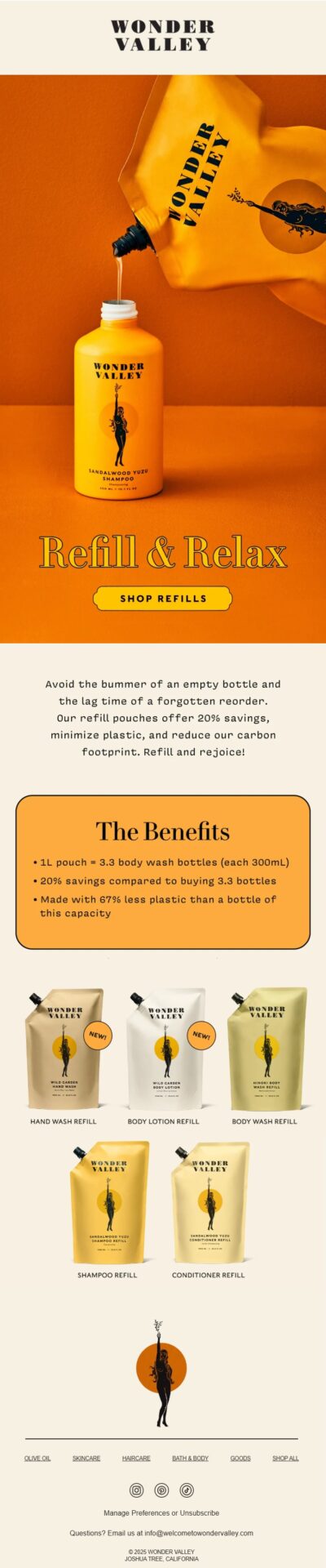 Wonder Valley replenishment winback email encouraging customers to refill and reorder their favorite products with discounted refill pouches for shampoo, conditioner, hand wash, body lotion, and body wash
