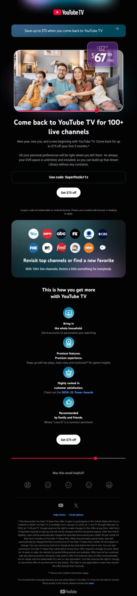 YouTube TV subscription winback email offering former subscribers up to $75 off to come back and restart their service