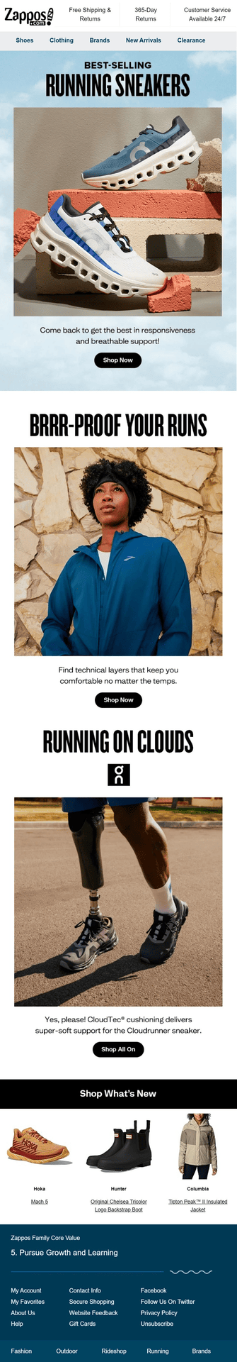 Zappos winback email inviting customers to come back and shop bestselling running sneakers with featured athletic shoe recommendations