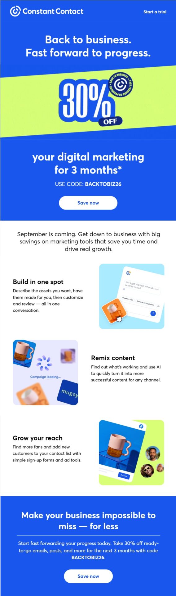 Constant Contact winback email offering businesses 30% off digital marketing tools for three months while highlighting AI content creation, audience growth, and campaign features