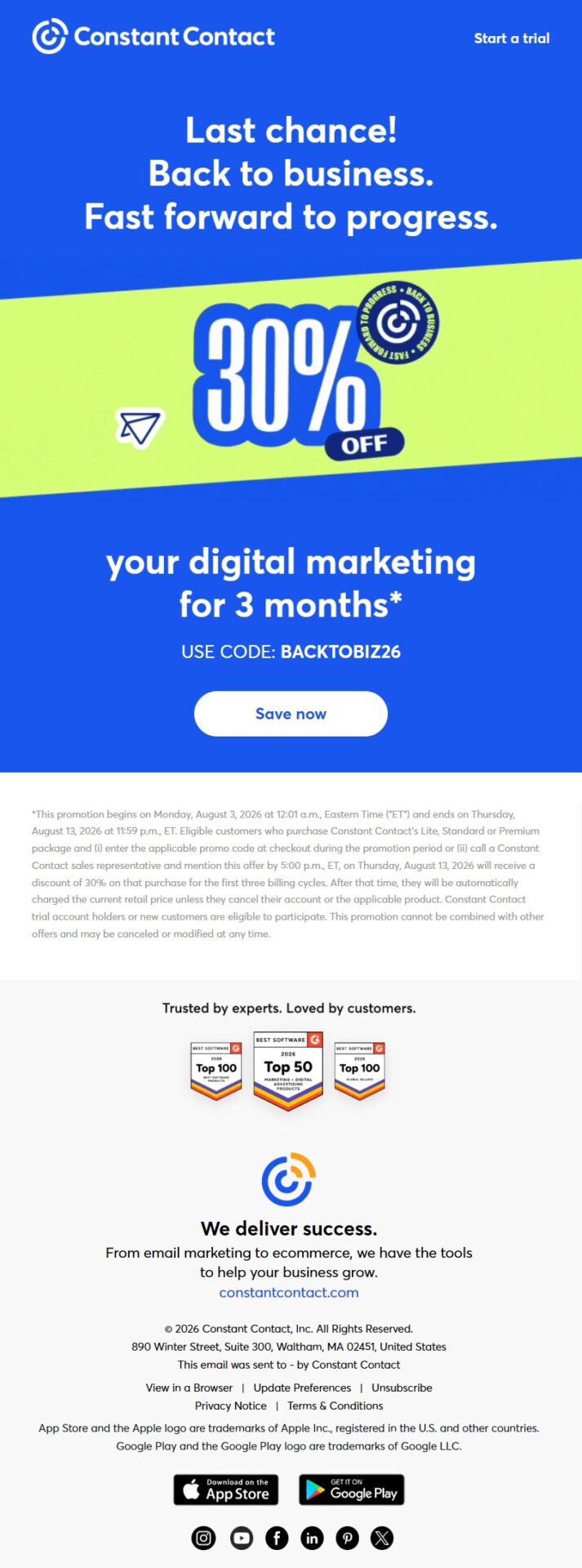 Constant Contact last chance winback email urging businesses to use a limited-time 30% off offer for three months of digital marketing tools before the promotion ends