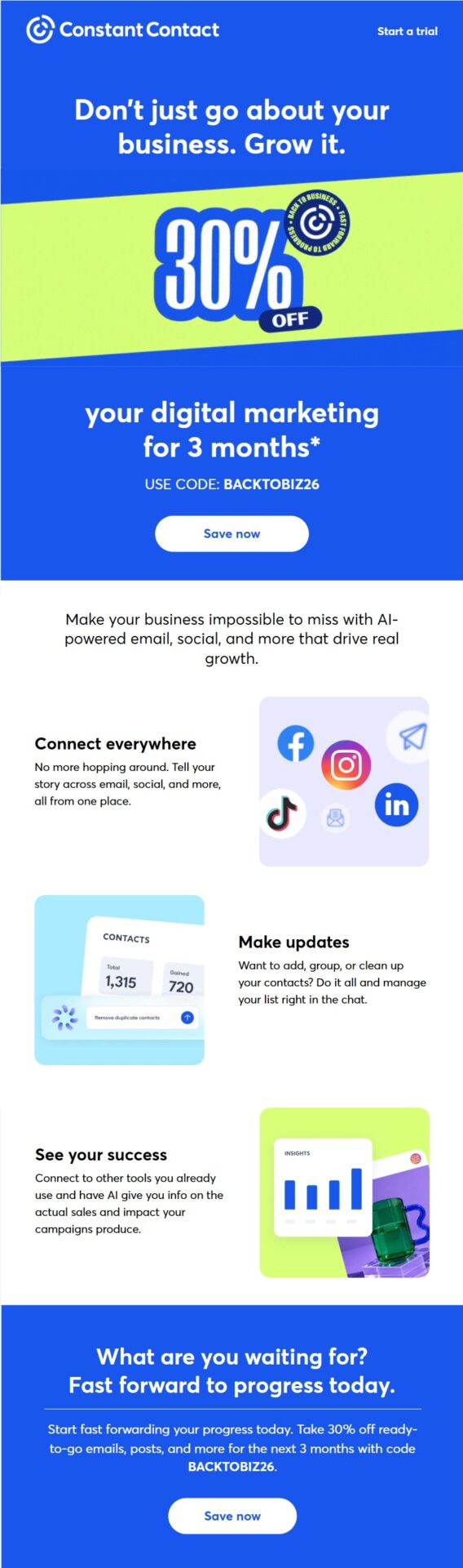 Constant Contact winback reminder email promoting 30% off digital marketing tools for three months and highlighting social media, contact management, and AI-powered marketing features