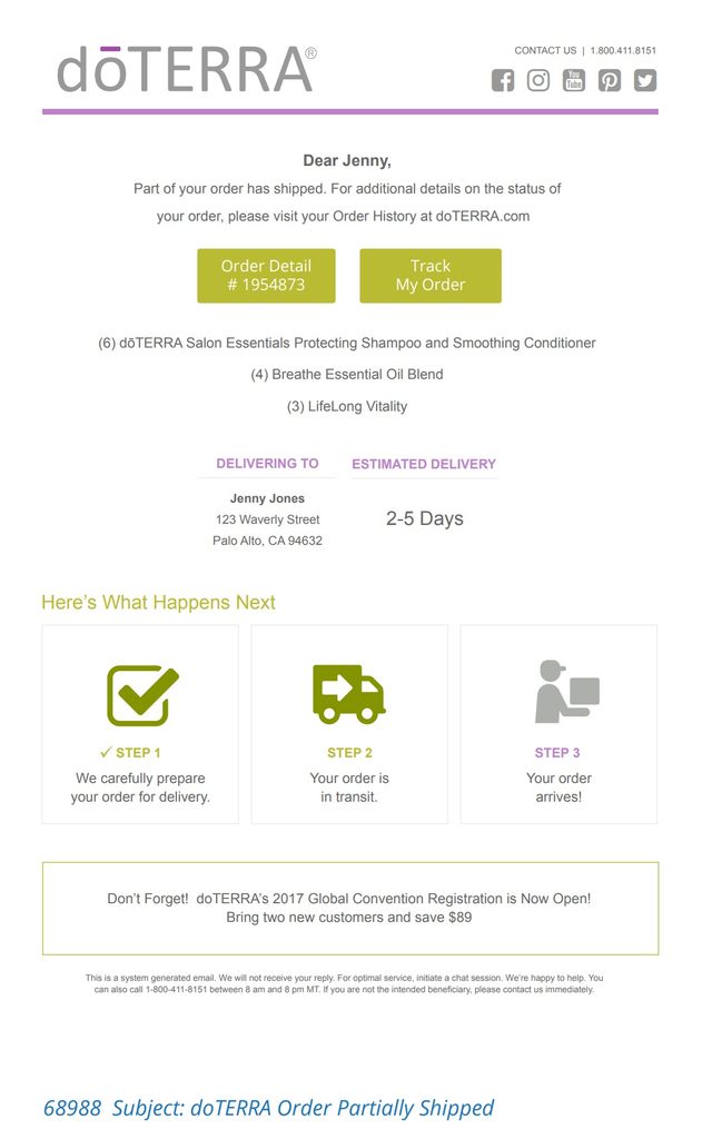 doTERRA partial shipment email informing the customer that part of their order has shipped, with Order Detail and Track My Order buttons, shipped product quantities, delivery address, a 2–5 day estimated delivery window, and a three-step shipment progress indicator.