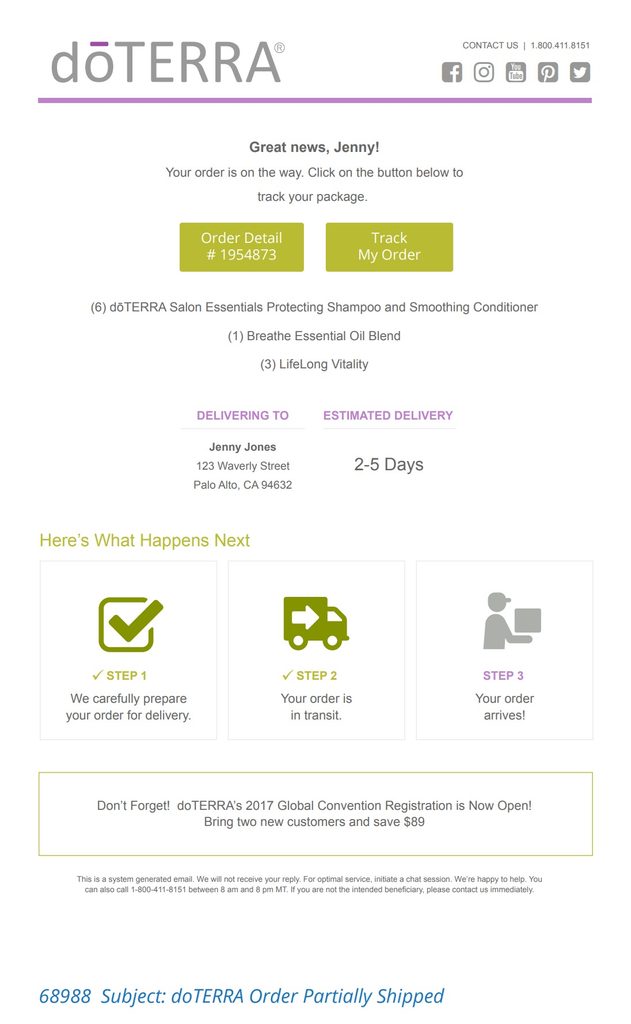 doTERRA shipping confirmation email announcing that the order is on the way, with Order Detail and Track My Order buttons, shipped product information, delivery address, a 2–5 day estimated delivery window, and a three-step shipment progress indicator from preparation to arrival.