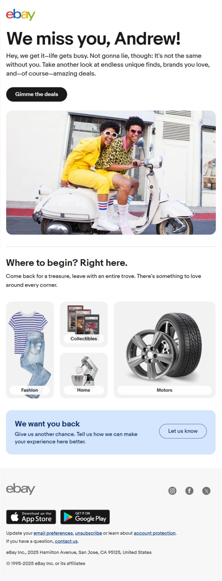 eBay winback email with a “We miss you” message encouraging inactive customers to return and discover new deals