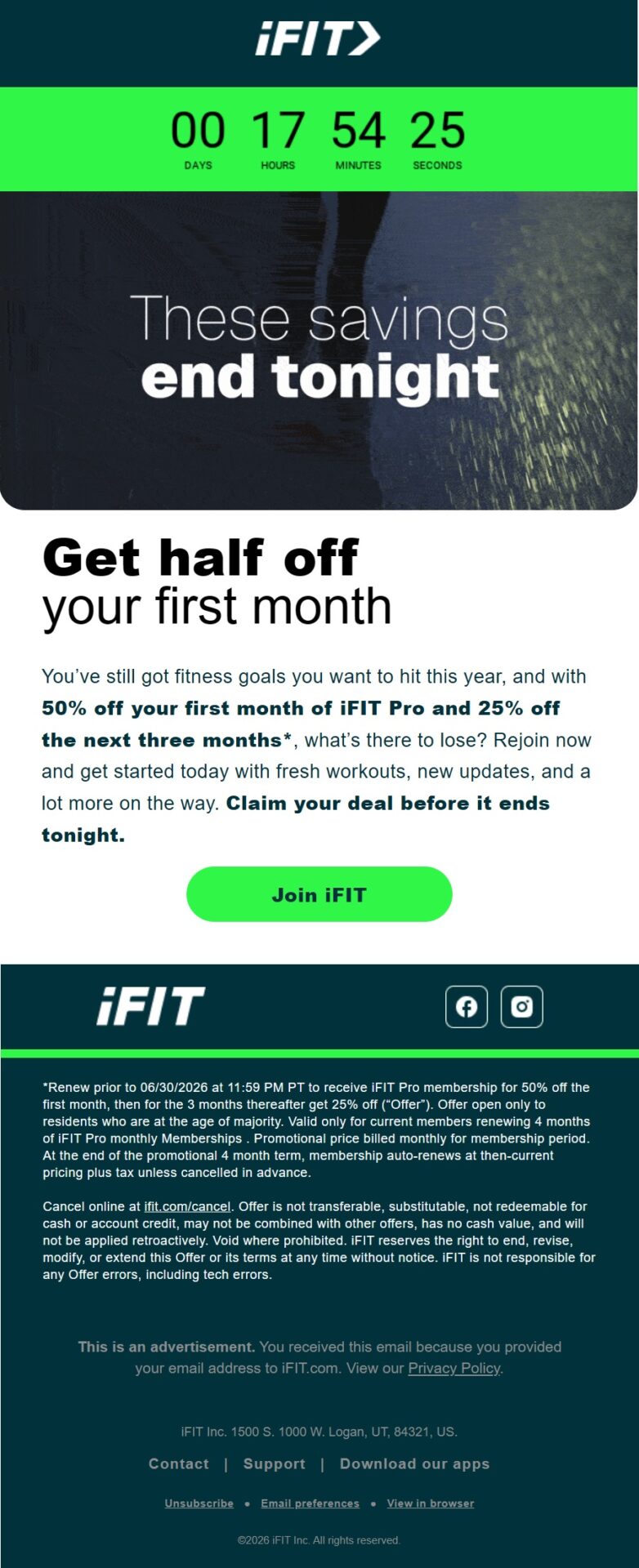 iFIT last chance winback email offering 50% off the first month and 25% off the following three months to rejoin the membership
