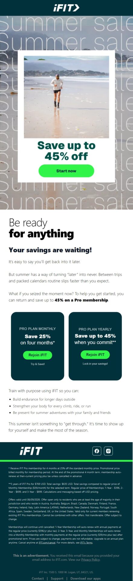 iFIT winback email encouraging former members to return and save up to 45% on a Pro membership with a summer-focused comeback offer