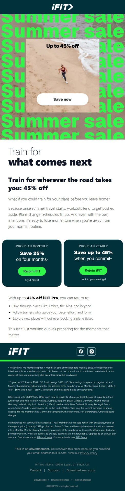 iFIT winback reminder email offering former members up to 45% off a Pro membership and encouraging them to rejoin before summer travel begins