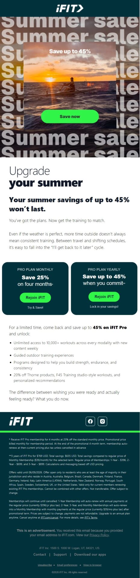 iFIT winback email inviting former members to upgrade their summer by rejoining iFIT Pro with savings of up to 45% on membership