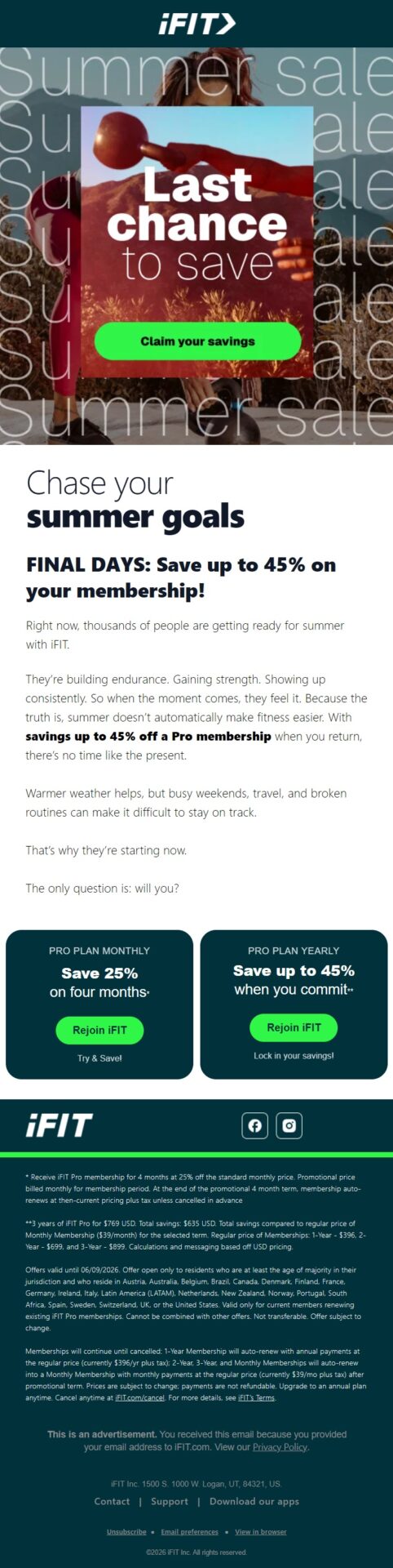 iFIT winback email telling former members there is still time to return and save up to 45% on a Pro membership before the summer offer ends