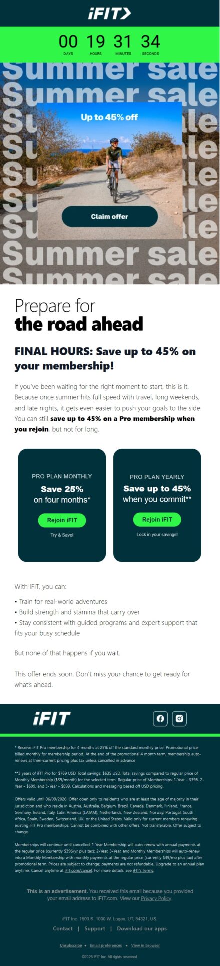 iFIT last chance winback email using a countdown timer to encourage former members to rejoin before savings of up to 45% expire
