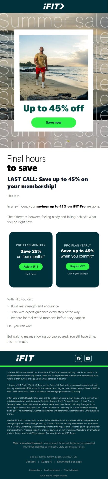 iFIT final-hours winback email urging former members to rejoin before their offer for up to 45% off a Pro membership disappears