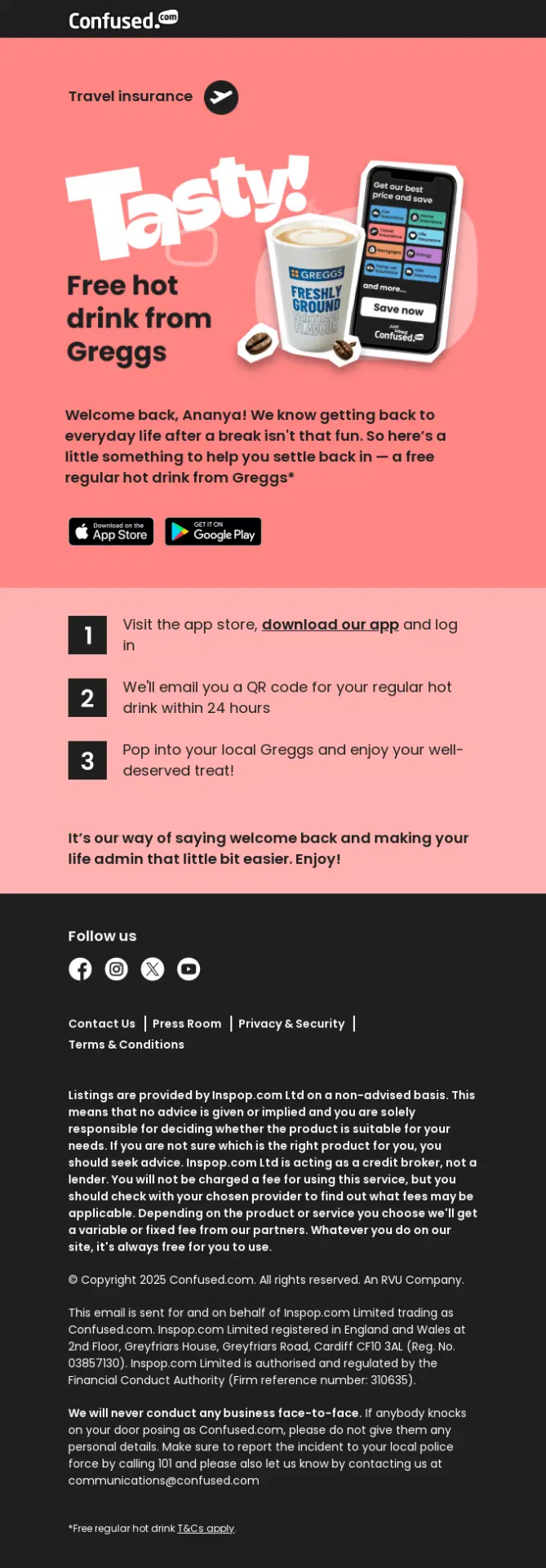 Confused.com winback email welcoming customers back with a free Greggs hot drink reward