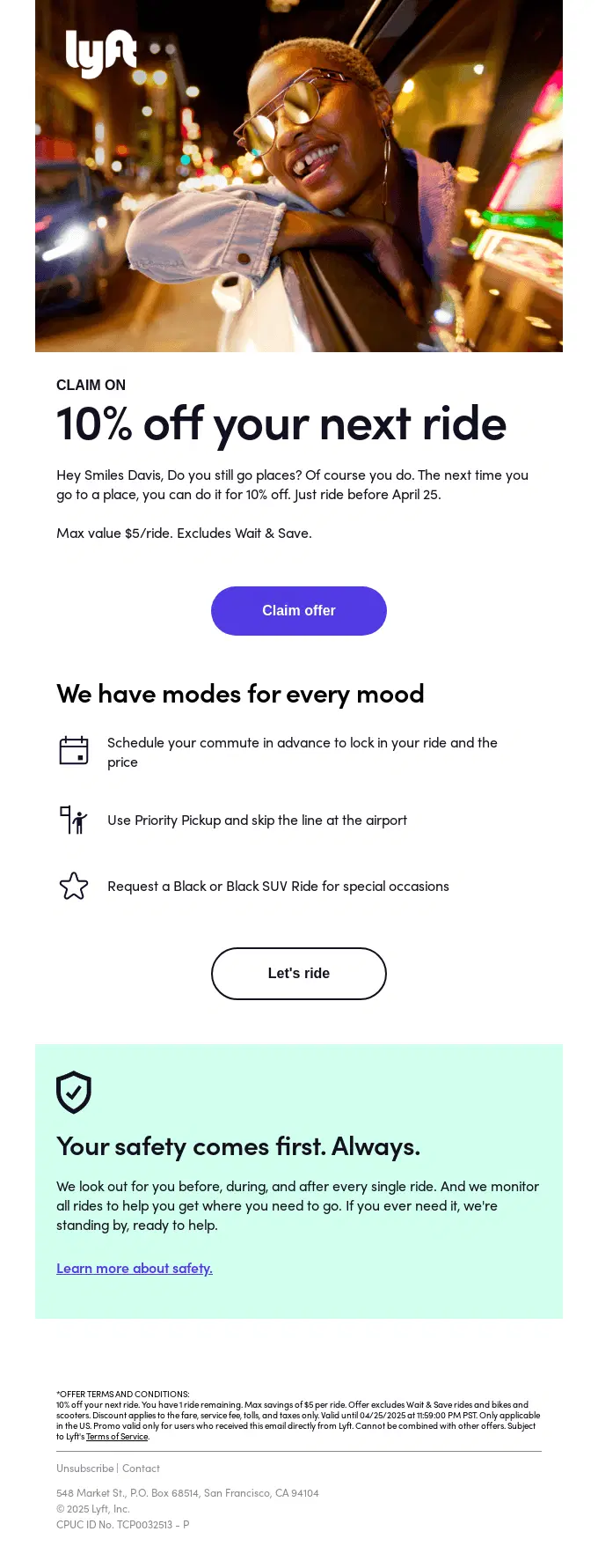 Lyft winback email offering 10% off the customer’s next ride to encourage them to return