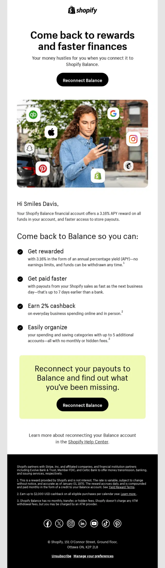 Shopify B2B winback email encouraging merchants to reconnect Shopify Balance for rewards and faster payouts