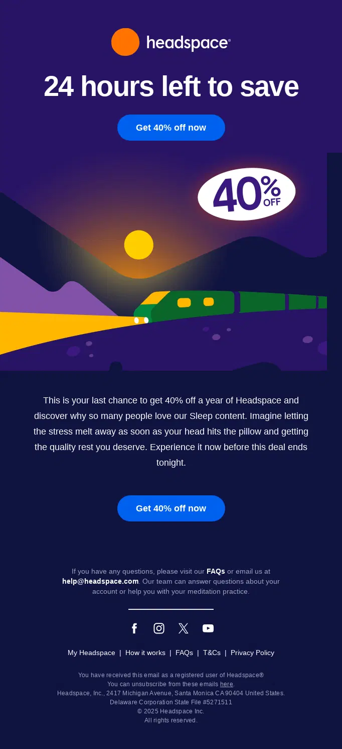 Headspace last chance winback email offering 40% off an annual subscription