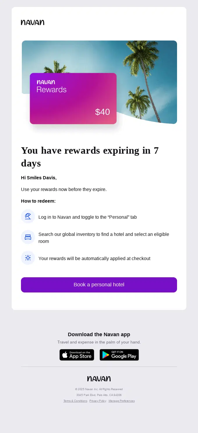 Navan winback email reminding customers to use $40 in expiring rewards before they expire