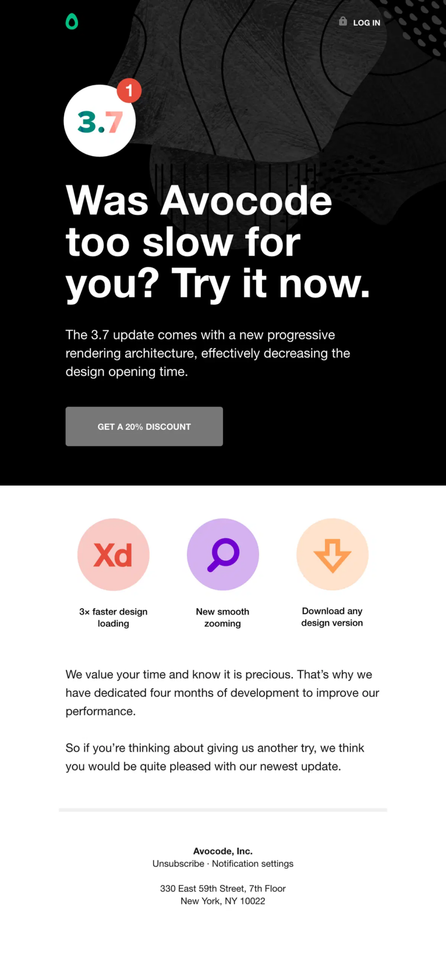 Avocode B2B winback email highlighting product improvements and offering 20% off to encourage users to return