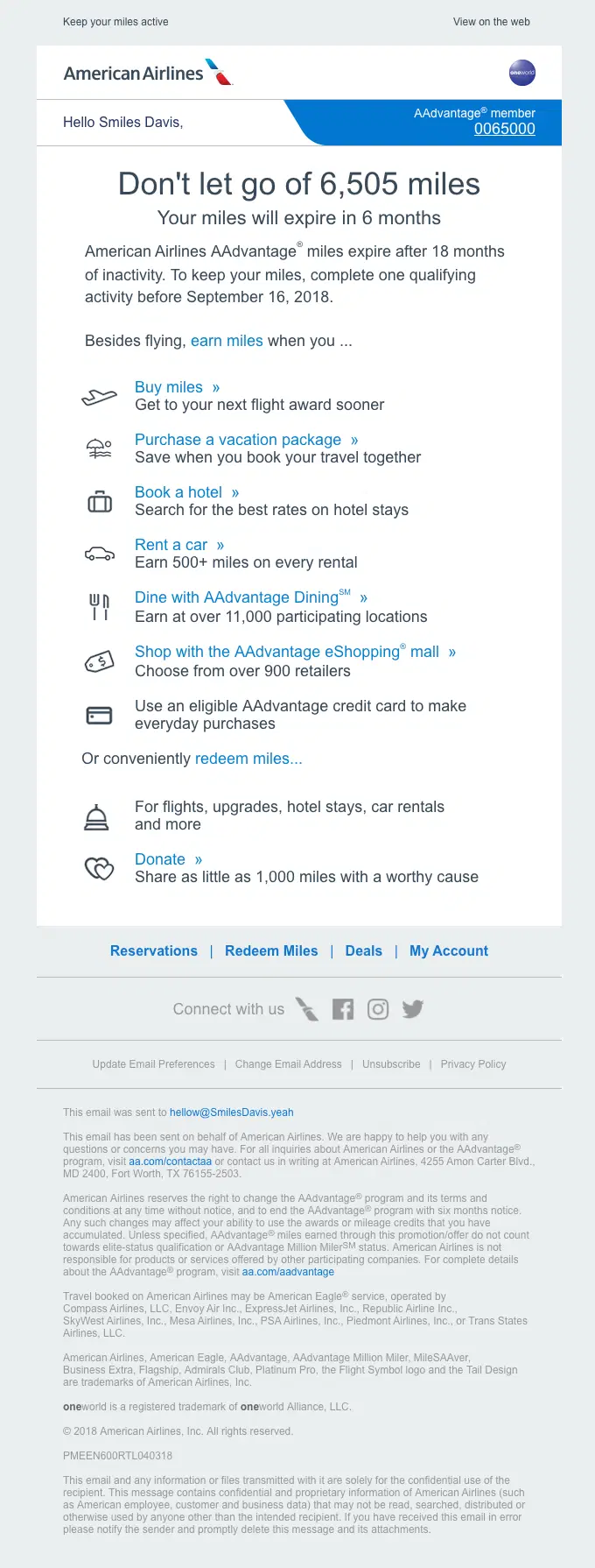 American Airlines winback email reminding customers to keep expiring AAdvantage miles active through qualifying activity