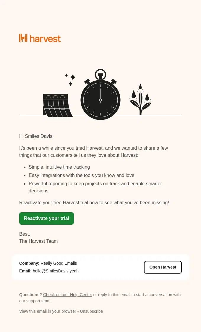 Harvest B2B winback email encouraging inactive trial users to reactivate their free trial