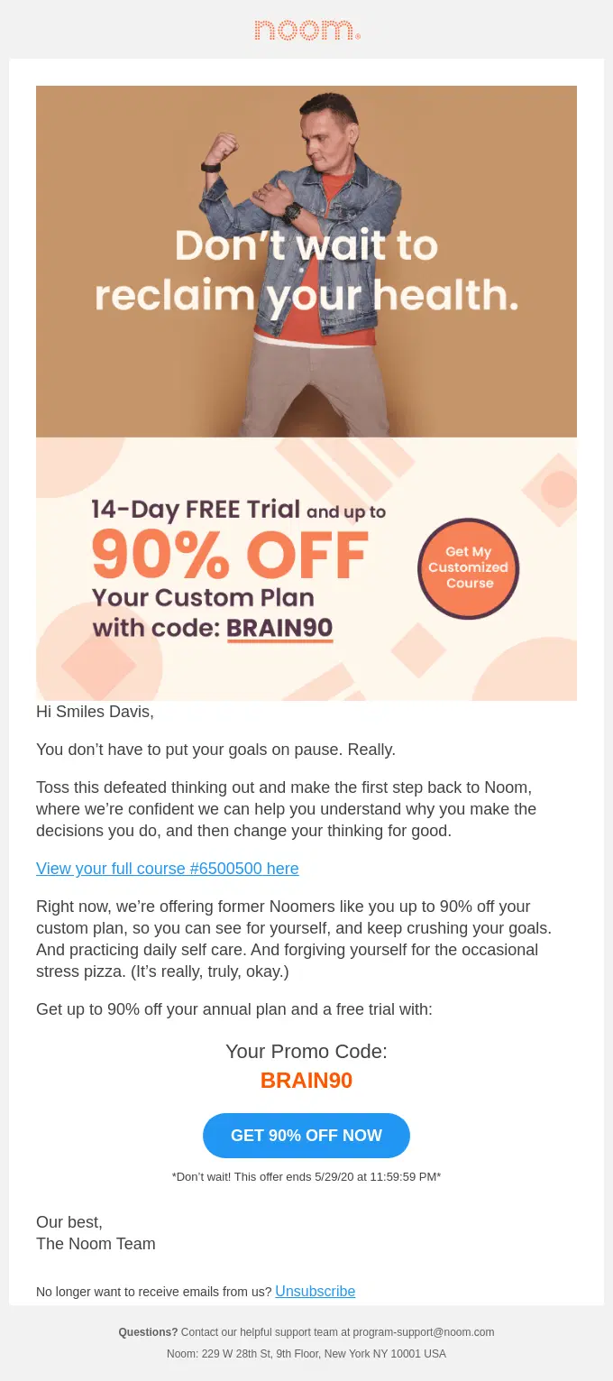 Noom winback email offering former customers up to 90% off a custom plan and a free trial