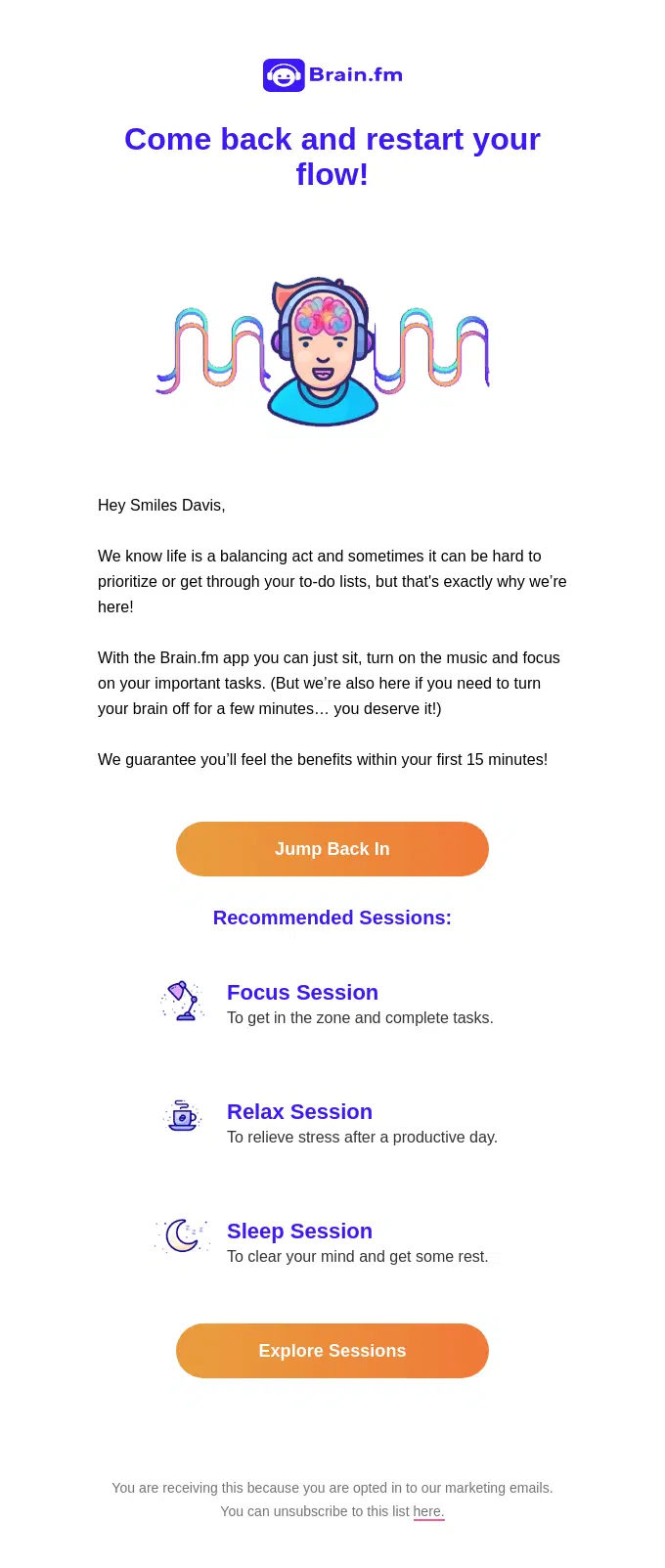 Brain.fm no-discount winback email encouraging inactive users to return with recommended focus, relaxation, and sleep sessions