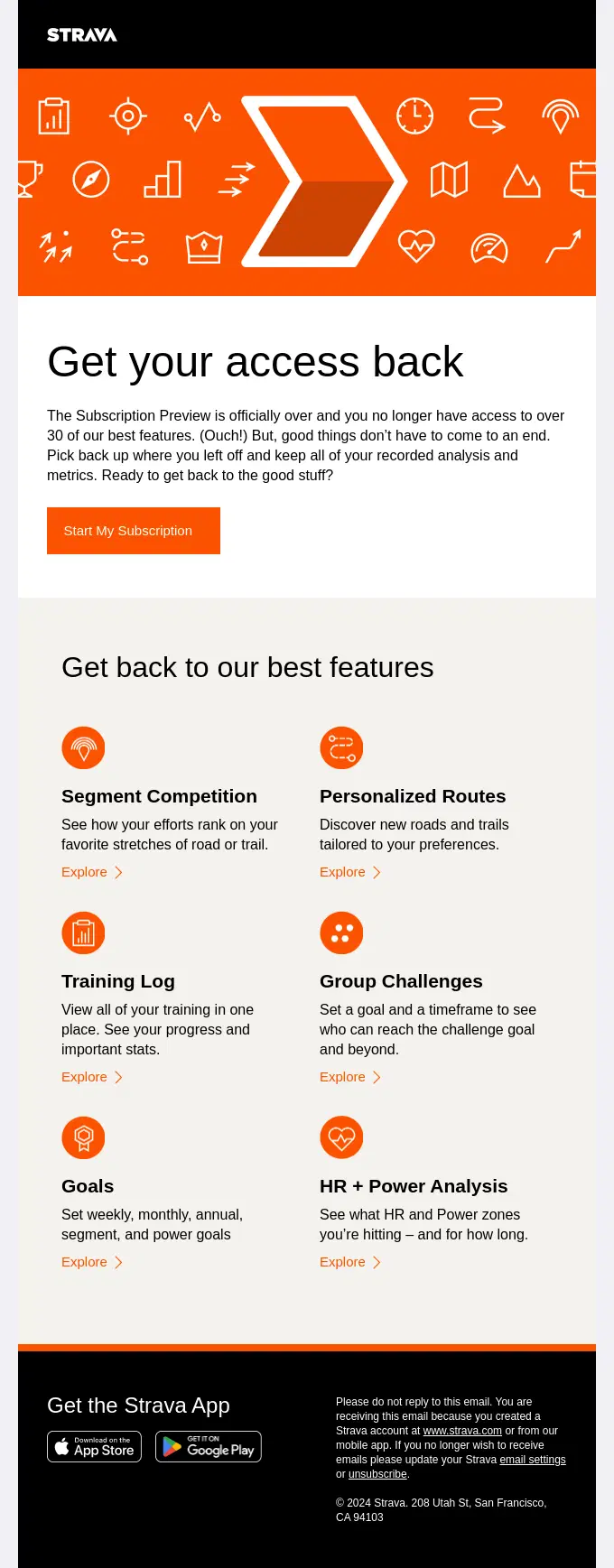 Strava winback email encouraging users to restore access after their subscription preview ends