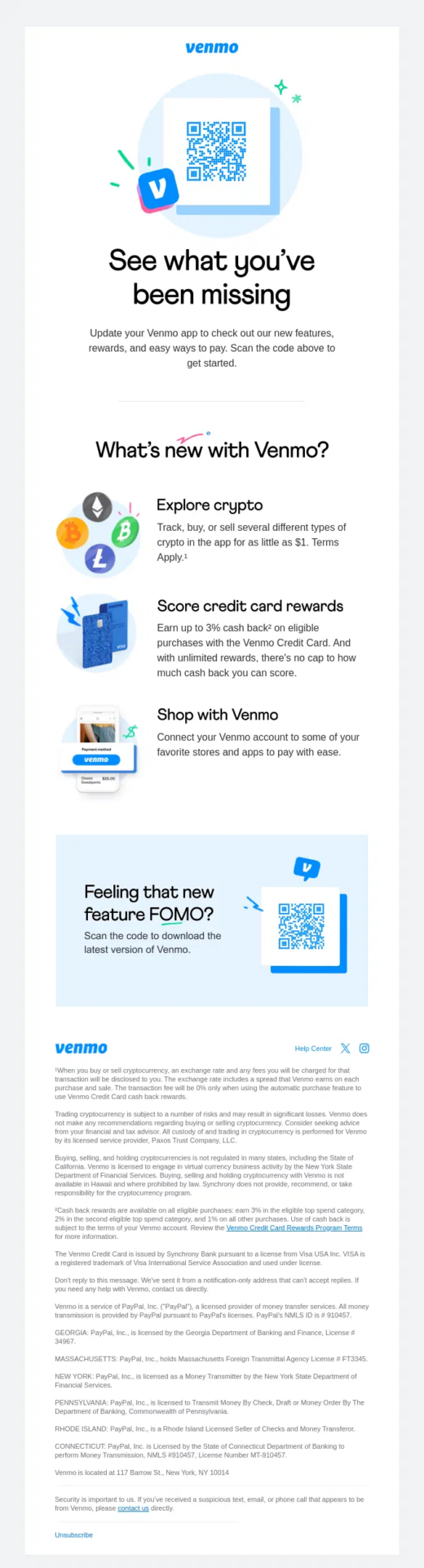 Venmo no-discount winback email highlighting new features and rewards to encourage inactive users to return