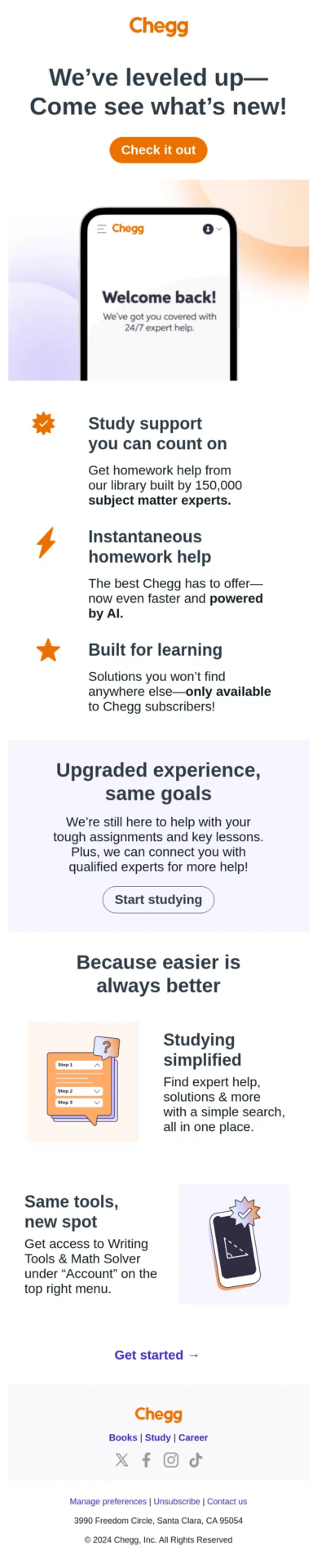 Chegg no-discount winback email highlighting new features and an upgraded study experience to bring users back