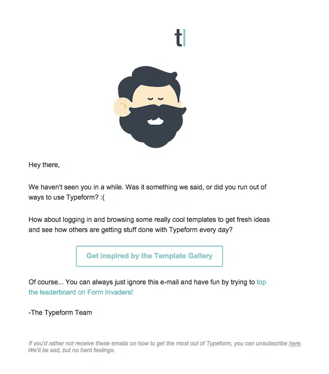 Typeform winback email inviting inactive users to return and explore new templates for inspiration