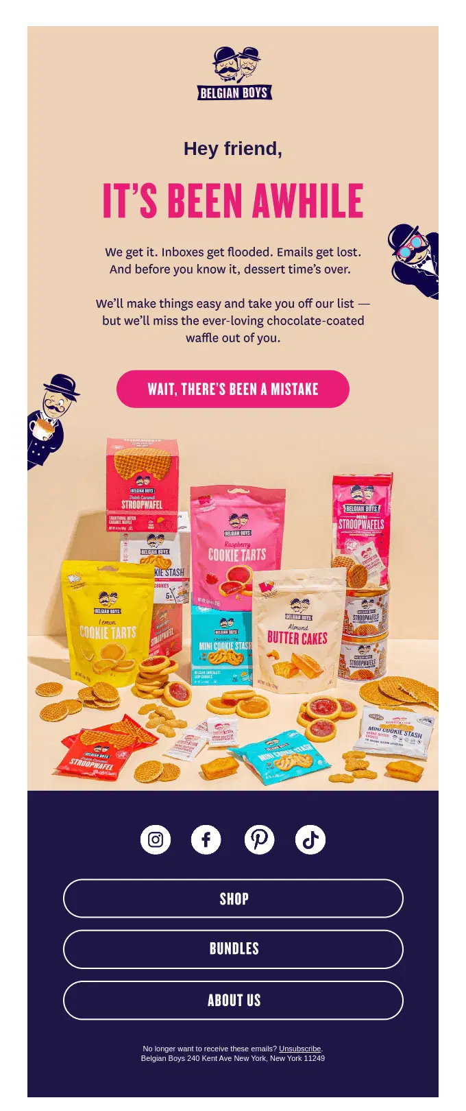 Belgian Boys winback email with “It’s been awhile” headline and playful product showcase encouraging inactive subscribers to return