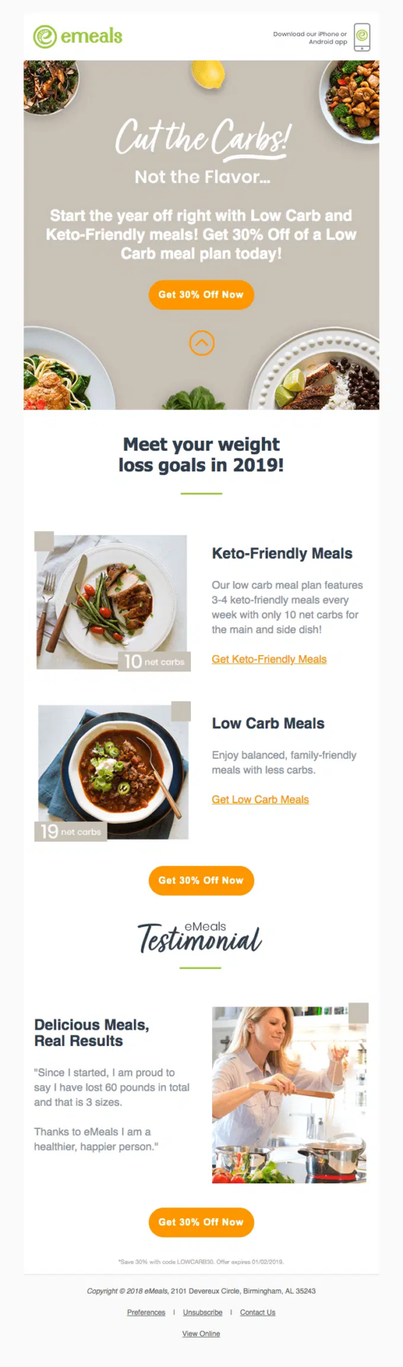 eMeals discount winback email offering 30% off a low-carb meal plan to encourage customers to return