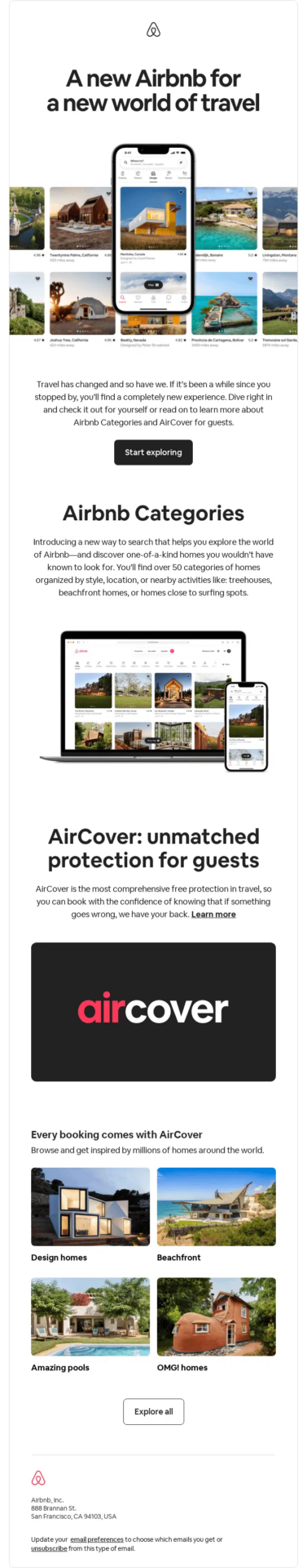 Airbnb no-discount winback email highlighting new travel features and encouraging inactive users to start exploring again