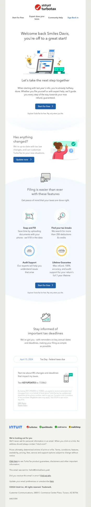 TurboTax winback email welcoming returning customers back to start their next tax return using last year’s information