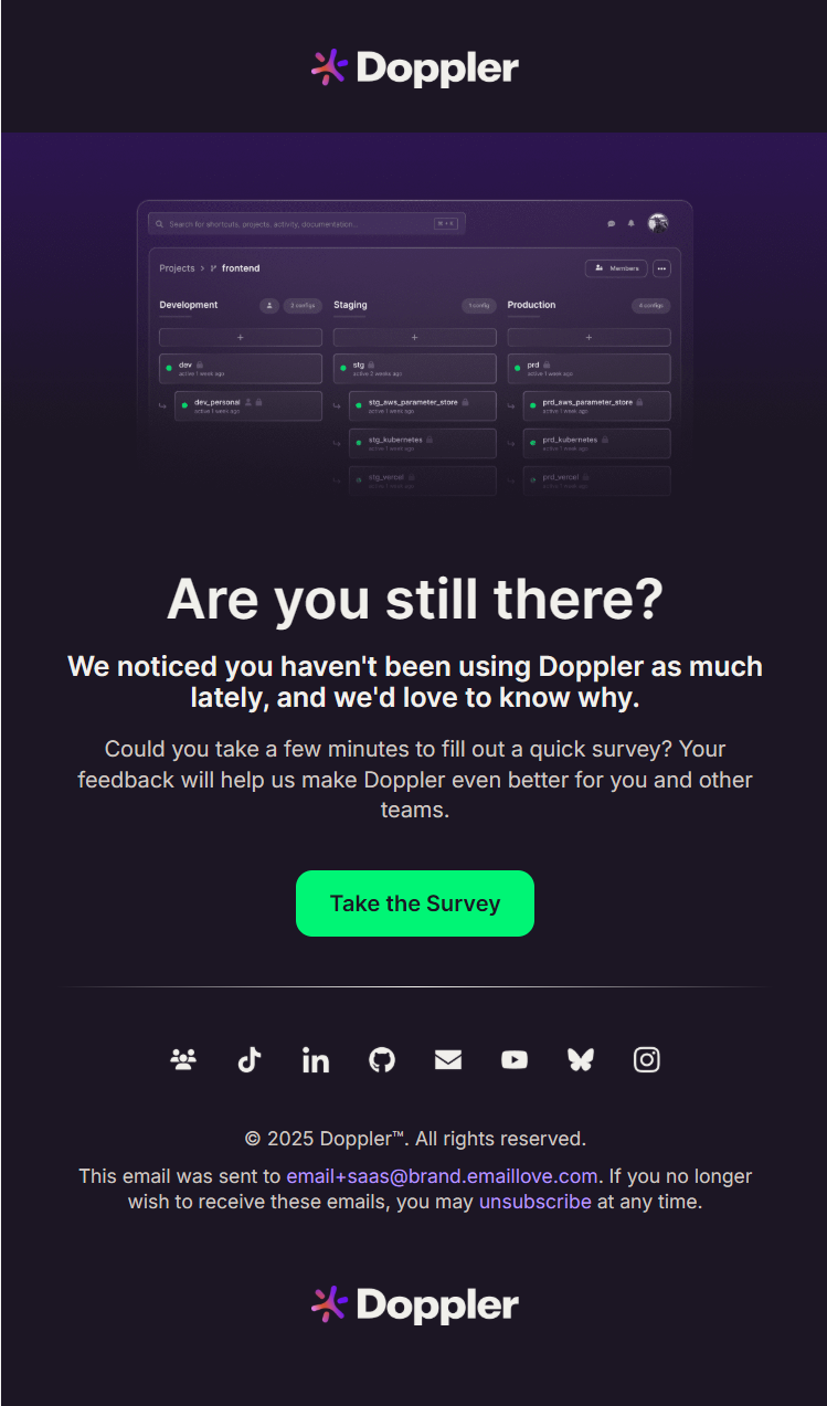 Doppler B2B winback email asking inactive users why they have been using the platform less