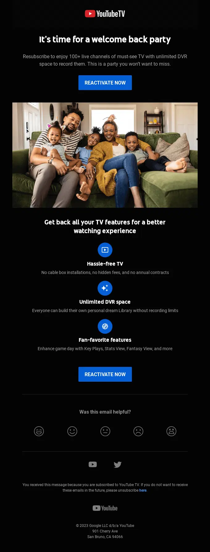 YouTube TV subscription winback email encouraging former subscribers to reactivate and regain access to live channels and DVR features