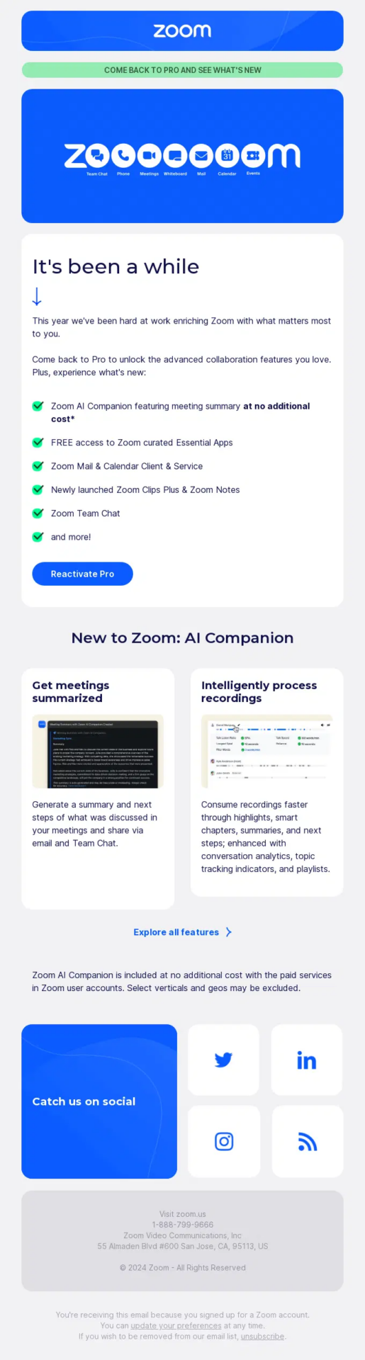 Zoom B2B winback email inviting former Pro users to reactivate their account and return for new collaboration features including AI Companion, meeting summaries, Zoom Clips, Notes, Mail, Calendar, and Team Chat