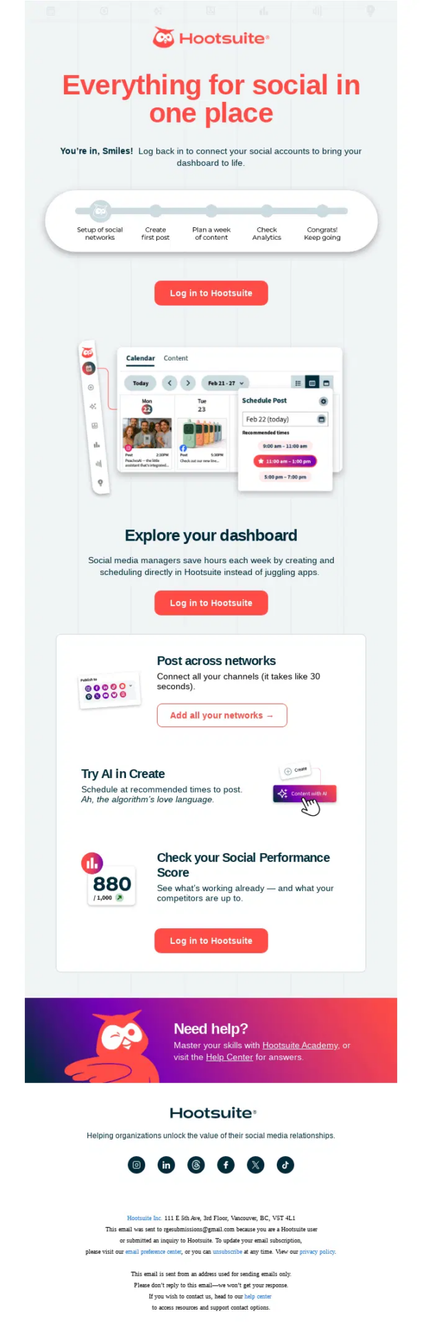 Hootsuite B2B winback email encouraging inactive users to log back in, reconnect their social accounts, explore the dashboard, schedule posts, use AI tools, and review social media performance.