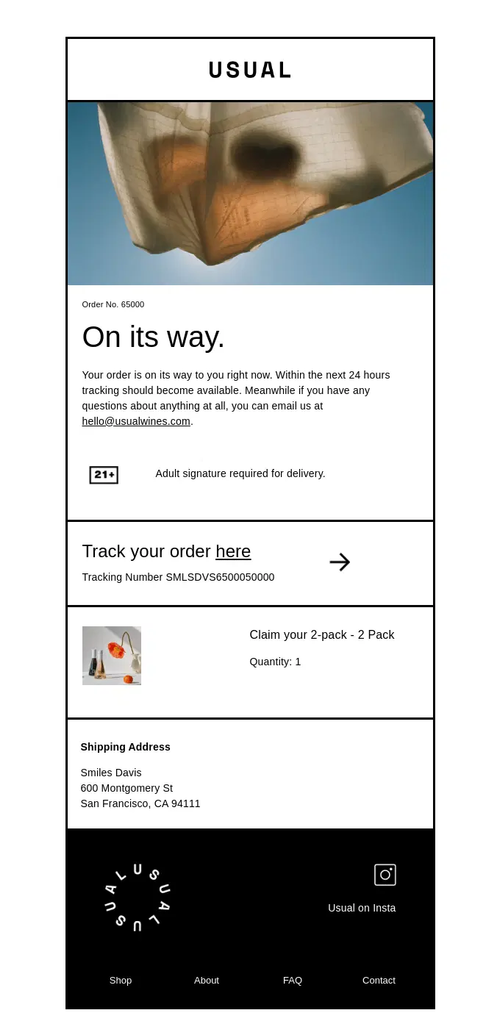 Usual shipping confirmation email announcing that the order is on its way, with a tracking link, tracking number, shipped item details, and delivery information.